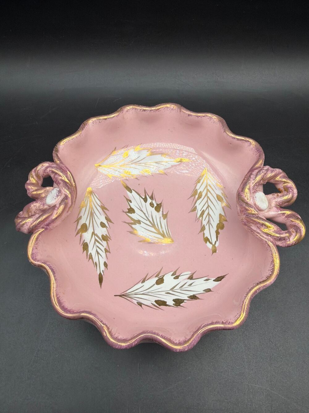 Vintage Italy Pink Ceramic Trinket Dish C129/15 Gold Feather Scalloped Handles